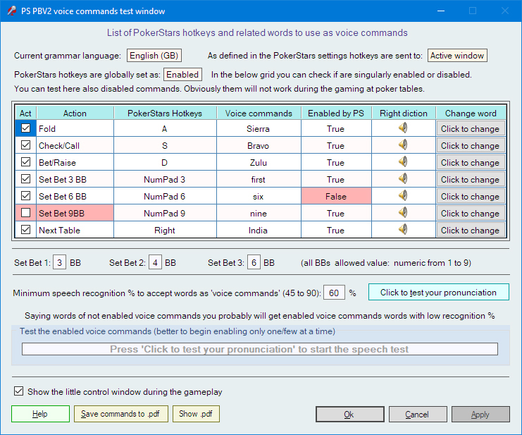 Test window of the voice commands Test window of the voice commands